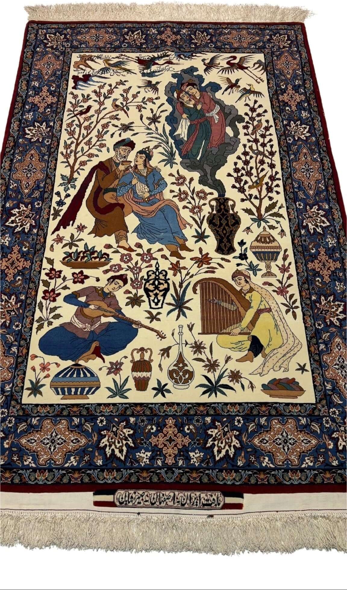 Front view of a handwoven Seirafian Persian Pictorial rug, crafted by Hassan Seirafian with silk and wool.